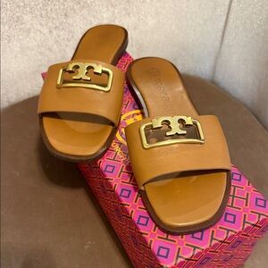 Tory Burch Brown Slide Sandals with Gold Logo